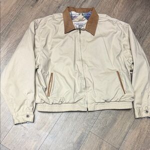 Vintage Men's Beige Cotton Bomber Jacket with Brown Leather Collar